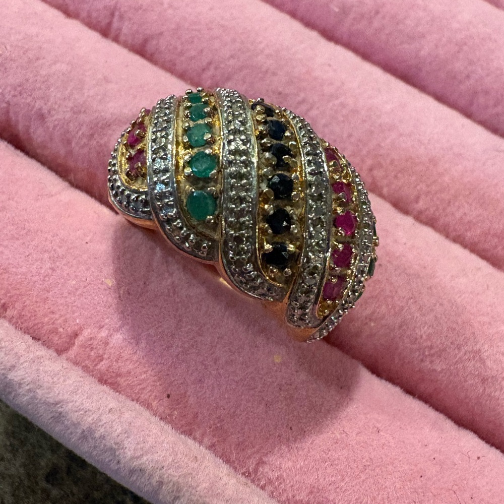 Elegant Multi-Color Gemstone Ruby sapphire and emerald Ring